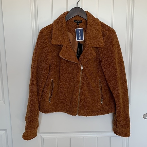 NWT Faux Shearling Moto Teddy Jacket Large Cognac Cropped Sherpa Lined Cozy - Picture 12 of 13
